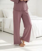 Kadın %100 Pamuk Bürümcük Kumaş Gömlek Yaka Uzun Kol Pijama Takımı-Oversize Salaş Kalıp Geniş Paça thumbnail 9