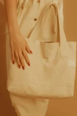 Kadın Krem El Omuz Ve Plaj Çantası Kanvas Çok Amaçlı Çanta thumbnail 2