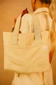 Kadın Krem El Omuz Ve Plaj Çantası Kanvas Çok Amaçlı Çanta thumbnail 5
