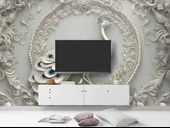 3D Beyaz Kabartma Görünümlü Tavuskuşu Duvar Kağıdı Baskı thumbnail 3