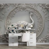 3D Beyaz Kabartma Görünümlü Tavuskuşu Duvar Kağıdı Baskı thumbnail 4