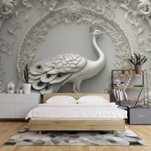 3D Beyaz Kabartma Görünümlü Tavuskuşu Duvar Kağıdı Baskı thumbnail 2