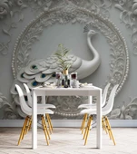 3D Beyaz Kabartma Görünümlü Tavuskuşu Duvar Kağıdı Baskı thumbnail 5