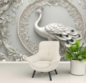 3D Beyaz Kabartma Görünümlü Tavuskuşu Duvar Kağıdı Baskı thumbnail 6