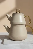 Granit Kaplama Gold Kulplu Cam Kapak Çaydanlık Krem 2,3 Litre + 1,20 Litre thumbnail 4