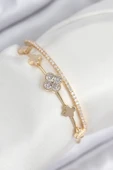 Pirinç Zirkon Taşlı Yonca Model Gold Renk Kadın Bileklik - TJ-BB7885 thumbnail 1