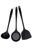 Yanmaz Yapışmaz Silikon Kaplama 3 lü Mutfak Yemek Hazırlık Seti Kepçe Kevgir Spatula thumbnail 1