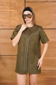 Süet Askılı/Kısa Kollu Çivi Detaylı Mini Elbise thumbnail 5