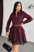 Dantel Detaylı Bordo Fırfırlı Gömlek Elbise thumbnail 7