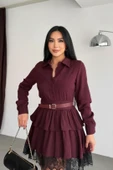 Dantel Detaylı Bordo Fırfırlı Gömlek Elbise thumbnail 6