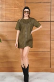 Süet Askılı/Kısa Kollu Çivi Detaylı Mini Elbise thumbnail 6