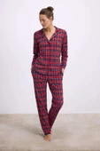 %100 Pamuklu Uzun Kol Düğmeli Gömlek ve Ekose Pantolon Pijama Takımı thumbnail 1