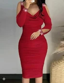 Kadın Omuzlardan Açık Uzun Kollu Taşlı Degaje Yakalı Sandy Midi Elbise thumbnail 3