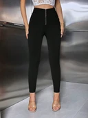 Kadın Yüksek Belli önden Fermuar Ve Nervur Detaylı Dalgıç Tayt thumbnail 4