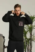 Erkek Oversize Üç İplik Kapüşonlu Sweatshirt –Sırt Ve Ön Baskılı, Kanguru Cepli, Rahat Kalıp Maskot Desenli Model - Siyah thumbnail 1