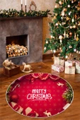 Yılbaşı Temalı Merry Christmas Dijital Baskılı Yıkanabilir Yuvarlak Kırmızı Halı 200 x 200 cm Kırmızı thumbnail 1