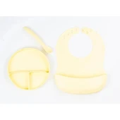 Sarı 3’lü Silikon Yemek Seti – Önlük + Diş Kaşıyıcılı Kaşık + Vakumlu Tabak thumbnail 1