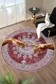 Yıkanabilir Modern Sanat Desenli Bordo Dijital Baskı Yuvarlak Halı 180 x 180 cm Bordo thumbnail 1