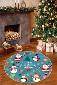 Dijital Baskılı Kaymaz Tabanlı Yıkanabilir Mavi Yuvarlak Noel Halısı 180 x 180 cm Mavi thumbnail 1