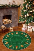 Yılbaşı Konseptli Gingerbread Desenli Yuvarlak Yıkanabilir Kaymaz Dijital Baskı Halı 100 x 100 cm Yeşil thumbnail 1