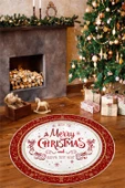 Dijital Baskılı Kaymaz Tabanlı Yıkanabilir Yuvarlak Kırmızı Merry Christmas Halısı 200 x 200 cm Kırmızı thumbnail 1