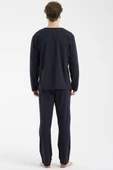 V Yaka Düğmeli Pijama Takım - Lacivert thumbnail 6