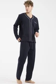 V Yaka Düğmeli Pijama Takım - Lacivert thumbnail 3