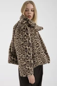 Leopar Desenli Kısa Suni Kürk Kaban - Bej thumbnail 5