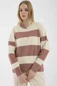 Blok Çizgili Düşük Omuzlu Triko Kazak - Gül thumbnail 2