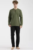 Düğme Yakalı Rahat Kalıp Pijama Takım - Haki thumbnail 1
