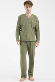 V Yaka Düğmeli Pijama Takım - Haki thumbnail 1