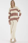Blok Çizgili Düşük Omuzlu Triko Kazak - Gül thumbnail 1
