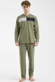Blok Detaylı Regular Fit Pijama Takım - Haki thumbnail 1
