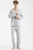 V Yaka Düğmeli Pijama Takım - Gri thumbnail 2