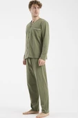 V Yaka Düğmeli Pijama Takım - Haki thumbnail 3