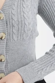 Düğmeli Pirinç Motifli Triko Hırka - Gri thumbnail 4