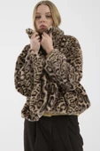 Leopar Desenli Kısa Suni Kürk Kaban - Bej thumbnail 4
