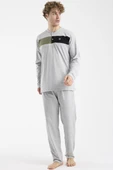 Blok Detaylı Regular Fit Pijama Takım - Gri thumbnail 2