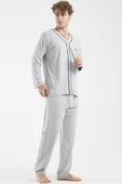 V Yaka Düğmeli Pijama Takım - Gri thumbnail 3