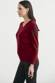 Sırt Detaylı V Yaka Triko Kazak - Bordo thumbnail 3
