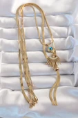 316L Çelik Gold Renk Zirkon Taşlı Göz Detay Nazarlı Uzun Asansör Model Kolye - TJ-BKO8962 thumbnail 2