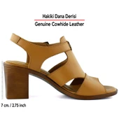 Erkan Saçmacı Svajone Taba Hakiki Dana Derisi Kesik Detaylı Tokalı Kalın Topuklu Rahat Günlük Sandalet thumbnail 2