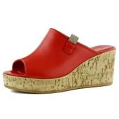 Erkan Saçmacı Fitoria Kırmızı Hakiki Dana Derisi Önü Açık Mantar Taban Görünümlü Dolgu Topuklu Terlik thumbnail 4