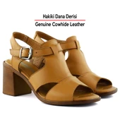 Erkan Saçmacı Svajone Taba Hakiki Dana Derisi Kesik Detaylı Tokalı Kalın Topuklu Rahat Günlük Sandalet thumbnail 5