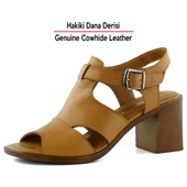 Erkan Saçmacı Svajone Taba Hakiki Dana Derisi Kesik Detaylı Tokalı Kalın Topuklu Rahat Günlük Sandalet thumbnail 4