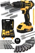 POWER BLACK 58 Vf 5 Ah Metal Şanzıman Çift Akülü Şarjlı Matkap 84 Parça Akülü Vidalama Set SARI thumbnail 1