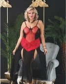 wMc Collection Büyük Beden Derin Yırtmaçlı Siyah Kırmızı Uzun Tül Gecelik thumbnail 1