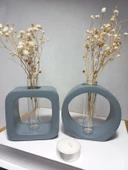 Gri Masaüstü Minimal 2'li Vazo Seti, Yuvarlak-Kare Formlu, Cam Tüplü Vazo thumbnail 3