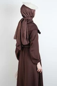 Tesettür Elbise Geniş Fermuar Yakalı Bel Lastikli Scuba Elbise Kahverengi thumbnail 4