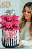 Premium Silindir Hediye Kutusunda, Kalpli Balonlu 6’lı Fuşya Ayıcık Buketi thumbnail 2